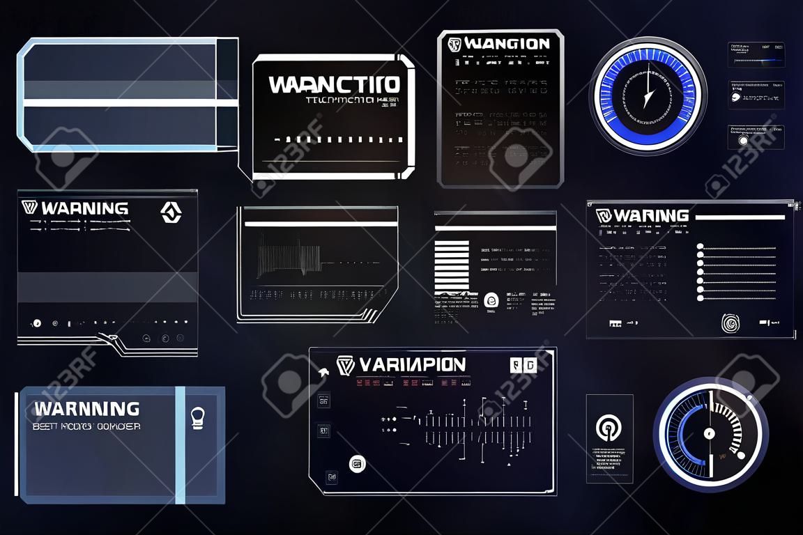 Warning frame. Abstract tech design. Technology design HUD UI GUI futuristic user interface screen elements set. High tech screen for video game. Sci-fi concept design. Vector abstract graphic design.