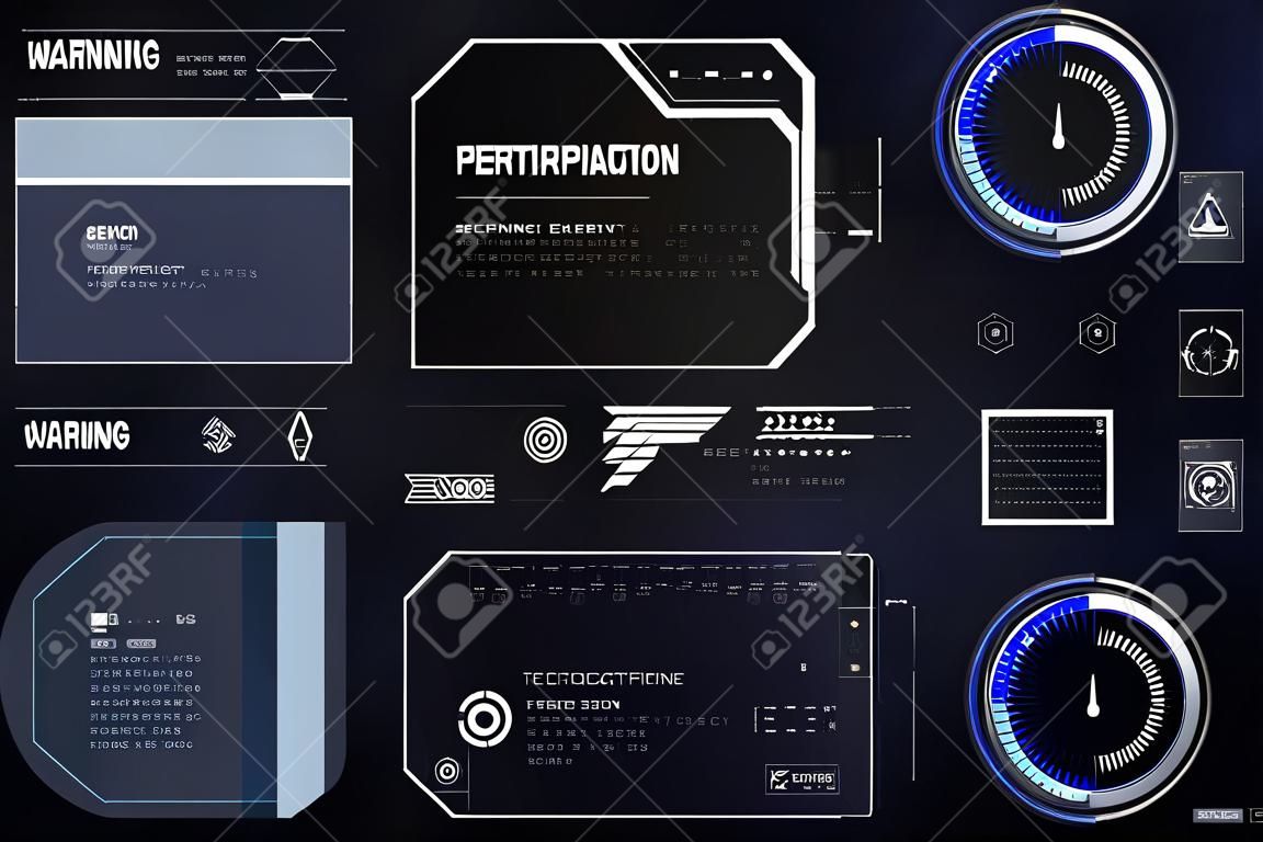 Warning frame. Abstract tech design. Technology design HUD UI GUI futuristic user interface screen elements set. High tech screen for video game. Sci-fi concept design. Vector abstract graphic design.