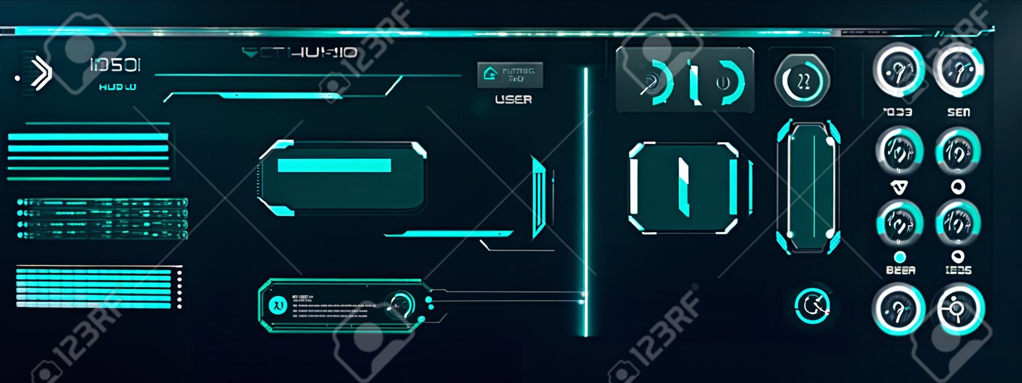 Futuristic Vector HUD Interface Screen Design. Digital callouts titles. HUD UI GUI futuristic user interface screen elements set. High tech screen for video game. Sci-fi concept design.