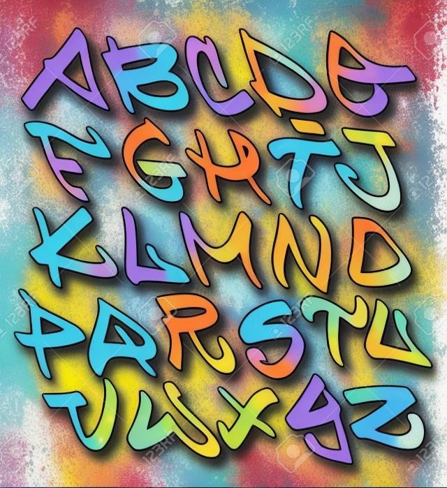 Graffiti font alphabet letters. Hip hop type grafitti design
