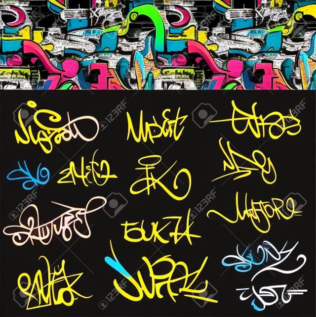Graffiti font etiketleri kentsel resimde seti Hip hop sanat tasarım