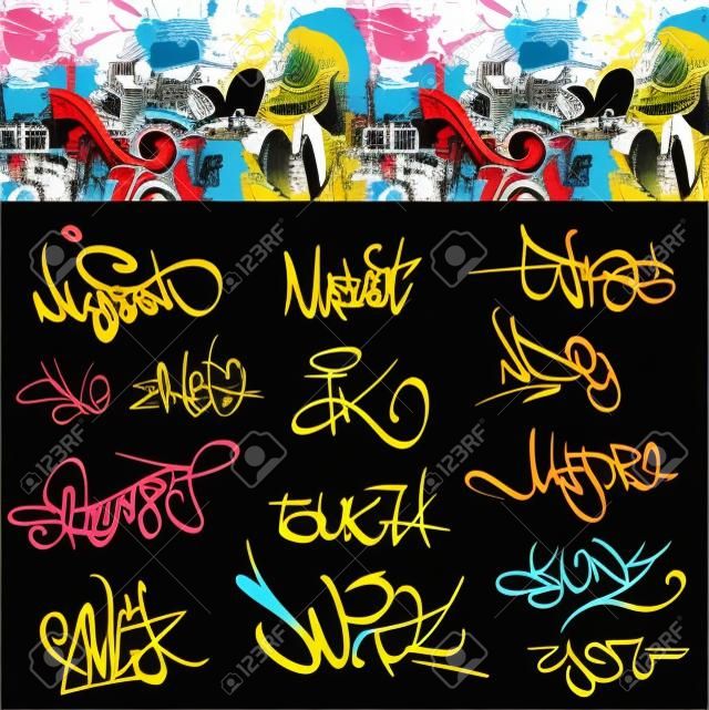 Graffiti font etiketleri kentsel resimde seti Hip hop sanat tasarım