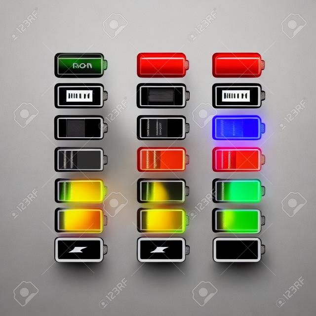 Conjunto de iconos de baterías con diferente grado de carga de energía. Batería color negro batería negra con escala de color potencia de carga