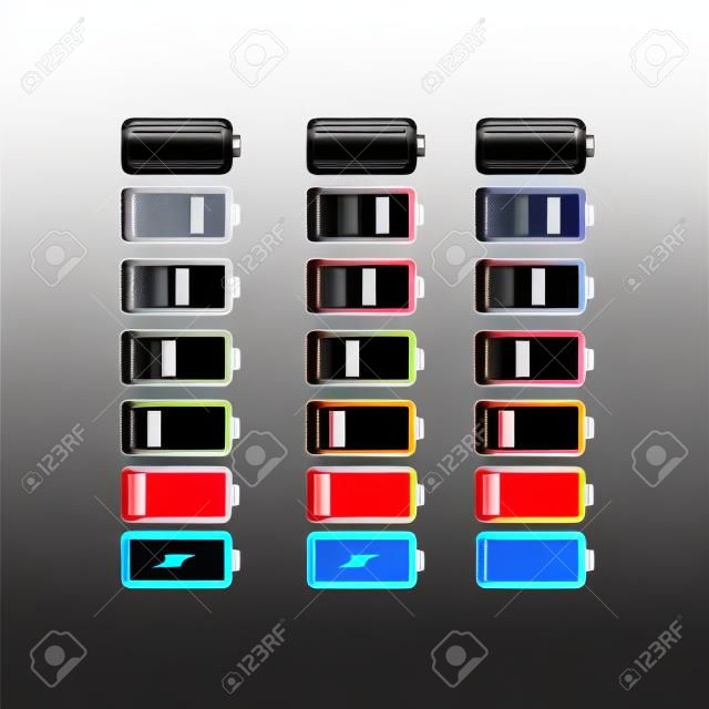 Symbolsatz von Batterien mit unterschiedlichem Energieladungsgrad. Akku schwarz Farbe schwarz Akku mit Farbskala Ladeleistung