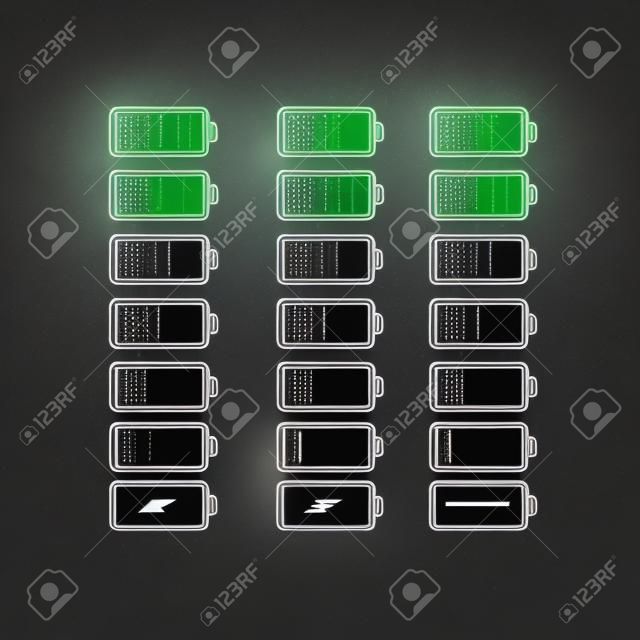 Set di icone di batterie con diverso grado di carica energetica. Batteria colore nero batteria nera con scala cromatica di carica