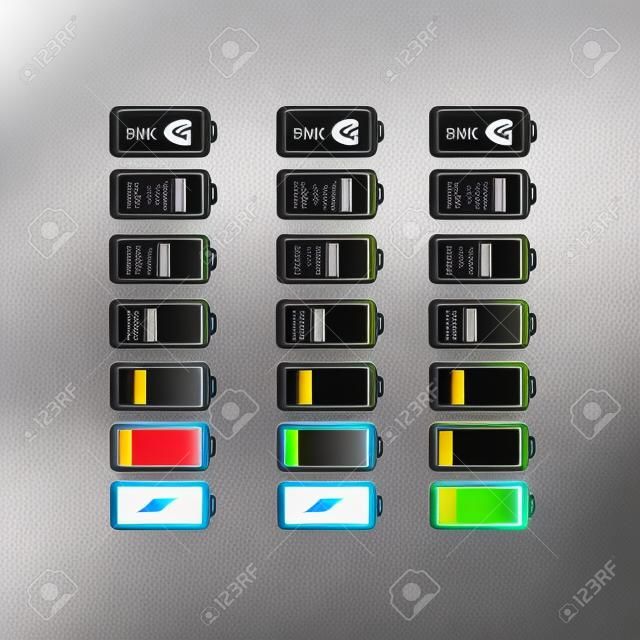 Ensemble d'icônes de batteries avec différents degrés de charge énergétique. Batterie noire de couleur noire avec puissance de charge d'échelle de couleur