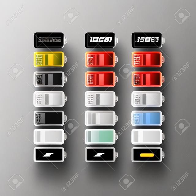 Ensemble d'icônes de batteries avec différents degrés de charge énergétique. Batterie noire de couleur noire avec puissance de charge d'échelle de couleur