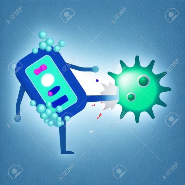 Personaggio dei cartoni animati di sapone che combatte con il virus isolato su sfondo bianco.