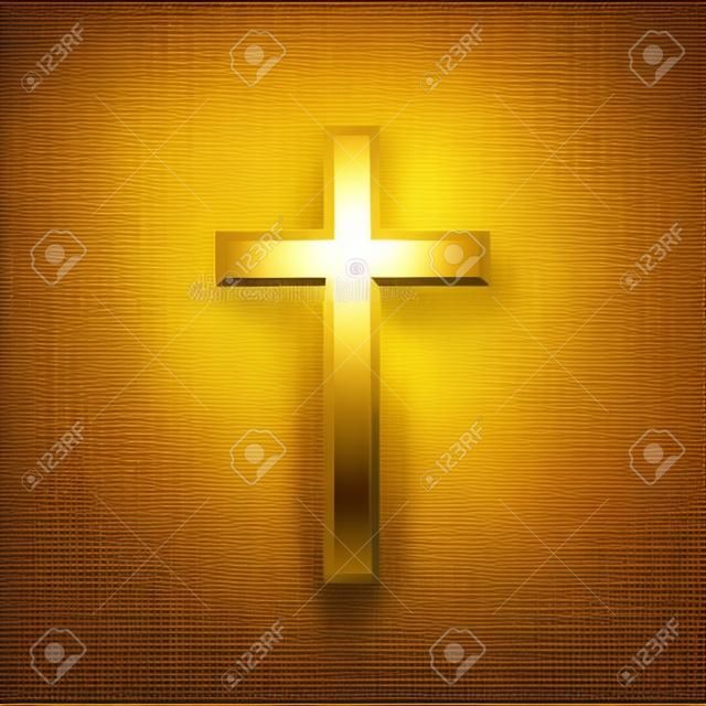 Croce cristiana dorata. Croce realistica isolata sullo sfondo. Illustrazione vettoriale.