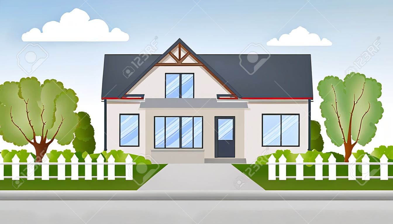 Exterior Of The Residential House, Front View. House With Large Garden On A  Street In Summer. Vector Illustration. Eps 10. Клипарты, SVG, векторы, и  Набор Иллюстраций Без Оплаты Отчислений. Image 199755724