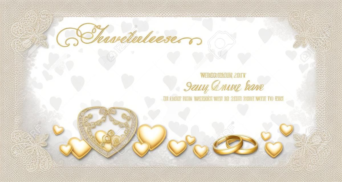 Hochzeitseinladungskarte mit Herzen und Ringe in einem Rahmen mit einer Verzierung