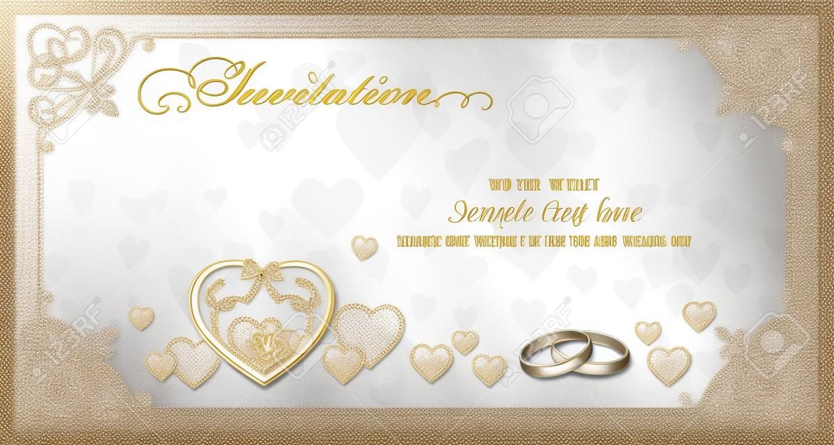 tarjeta de invitación de boda con corazones y anillos en un marco con un adorno