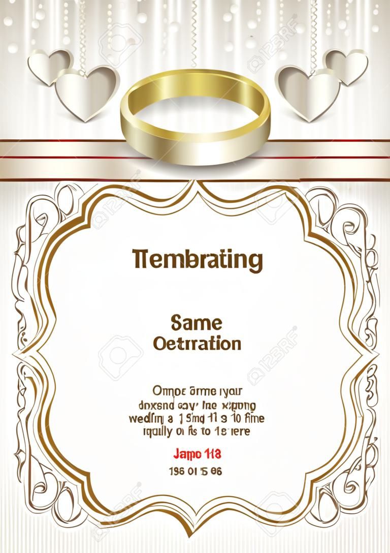 Wedding invitation card with rings in a frame with an ornament