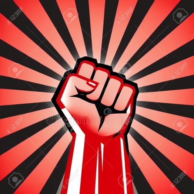 舉手無產階級革命 - 矢量插圖概念在蘇聯攪拌風格。拳革命。人的手。紅色背景。設計元素。