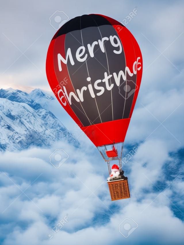 funny modern santa on vintage hot air balloon