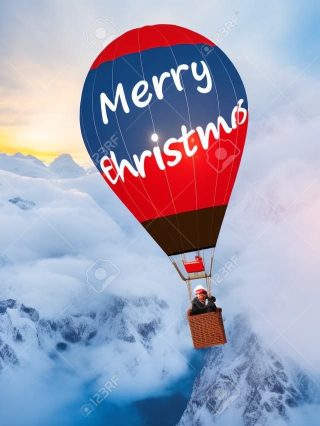 funny modern santa on vintage hot air balloon