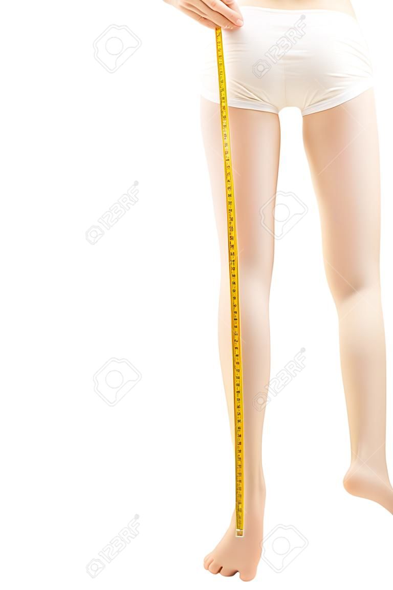 La medición de la pierna de la mujer de longitud, con centímetro aislados, en general underclothing