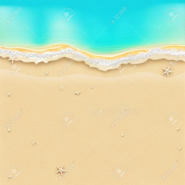 Estate. Vista dall'alto di una spiaggia esotica vuota con stelle marine e conchiglie. Un posto per il tuo progetto. Un mare spumeggiante con onde. Illustrazione vettoriale EPS 10
