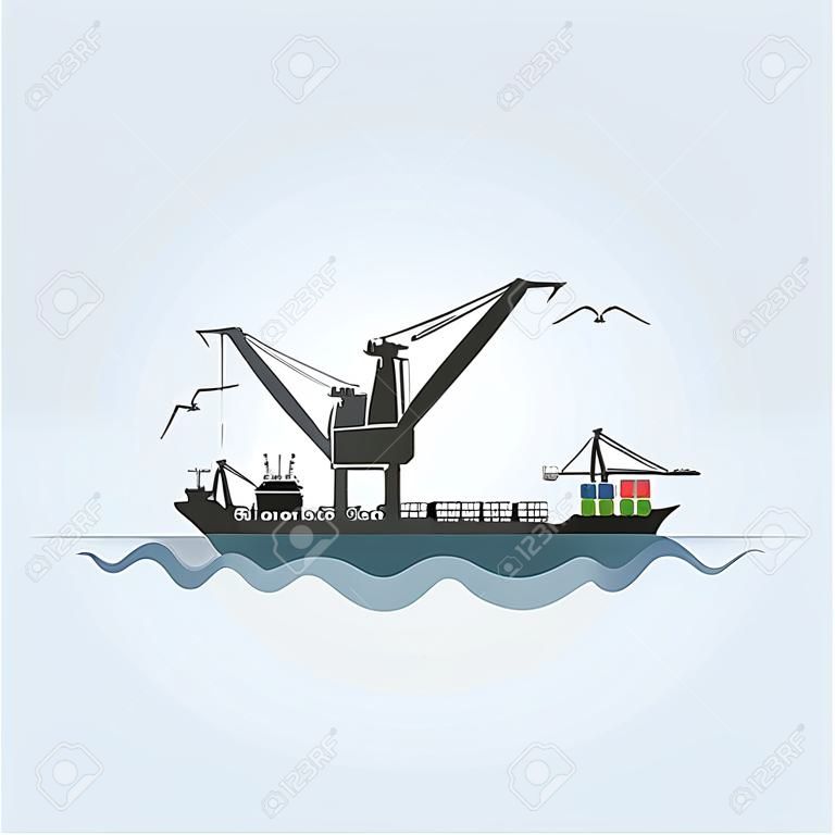 Puerto con grúas, el transportista de contenedores y el buque de carga
