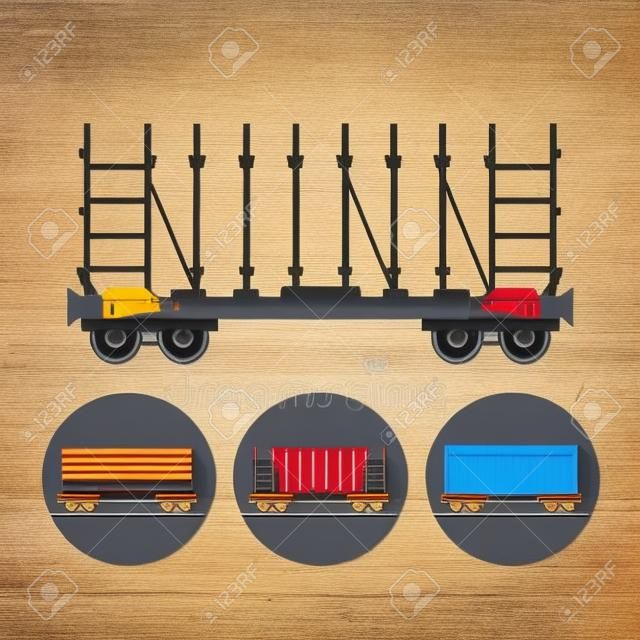 鉄道のプラットホーム、車、装置、長い貨物の輸送のための木材輸送のためのプラットフォーム バルク貨物。カラフルなアイコン コンテナー プラットフォーム、鉄道のプラットホーム、ラウンド 3 本セット覆われた貨物車、ベクトル イラスト