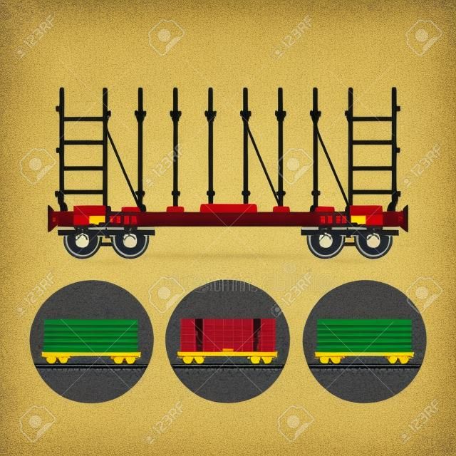 鐵路平台，木材運輸，汽車，設備，長貨，散貨運輸平台。設置三個圓形彩色圖標的容器平台，鐵路站台，包括貨車，矢量插圖