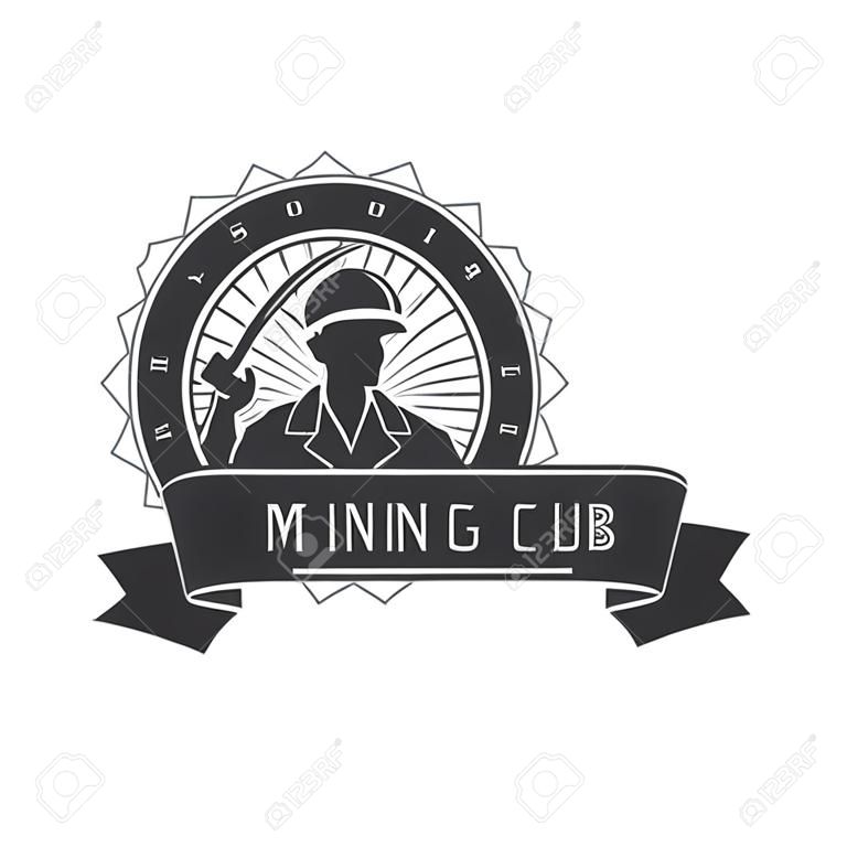 Урожай эмблема горнодобывающей промышленности, шахтер держит кирку на фоне солнечных лучей, этикетки и знак шахты, добыча полезных ископаемых, векторные иллюстрации