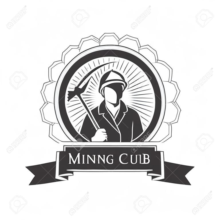 Урожай эмблема горнодобывающей промышленности, шахтер держит кирку на фоне солнечных лучей, этикетки и знак шахты, добыча полезных ископаемых, векторные иллюстрации