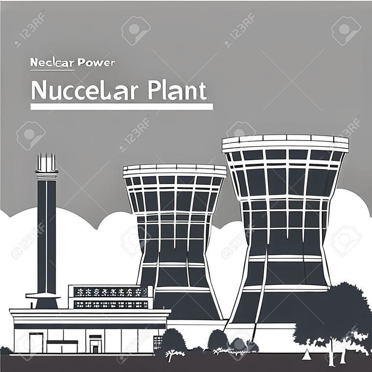 剪影核電廠和文本，火力發電站，核反應堆和電力線，黑色和白色矢量圖