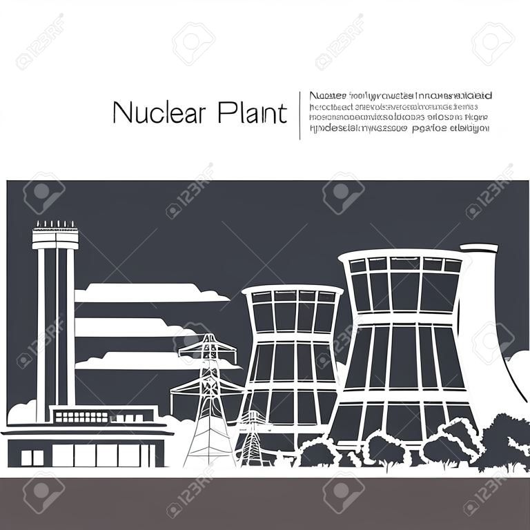 剪影核電廠和文本，火力發電站，核反應堆和電力線，黑色和白色矢量圖