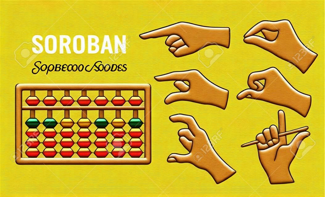 Japanese abacus Soroban. Icons hand gestures and scores for mental arithmetic schools