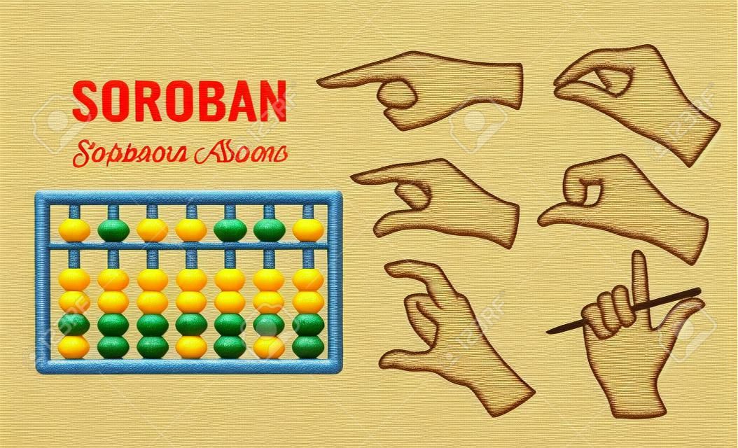 Japanese abacus Soroban. Icons hand gestures and scores for mental arithmetic schools