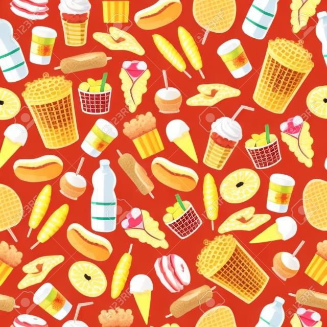Seamless pattern street food. Takeaway meals or fast food background with bubble waffles, hong kong, spiral potato chips, lemonade and apples in caramel, hamburger and hot dog. Vector illustration.