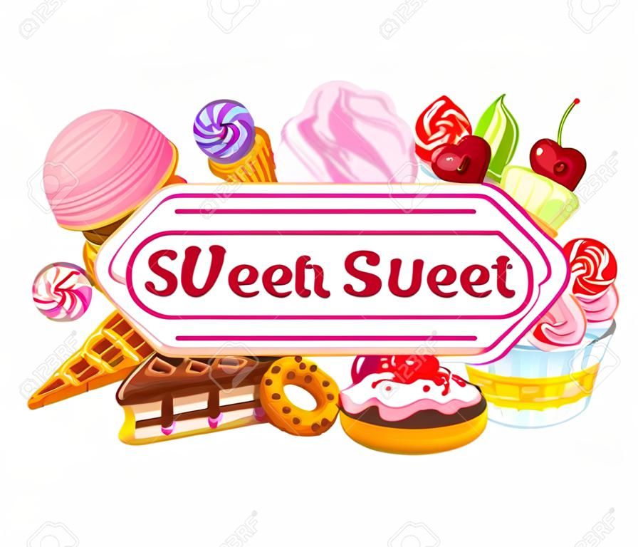 Süßwaren und süßes Banner. Dessert, Lutscher, Eis mit kandierten, Macaron und Pudding. Donut und Zuckerwatte, Muffin, Waffeln, Kekse und Gelee