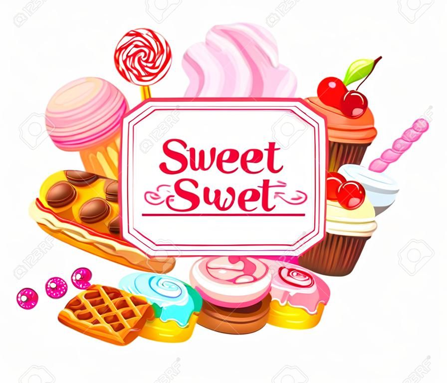 Süßwaren und süßes Banner. Dessert, Lutscher, Eis mit kandierten, Macaron und Pudding. Donut und Zuckerwatte, Muffin, Waffeln, Kekse und Gelee