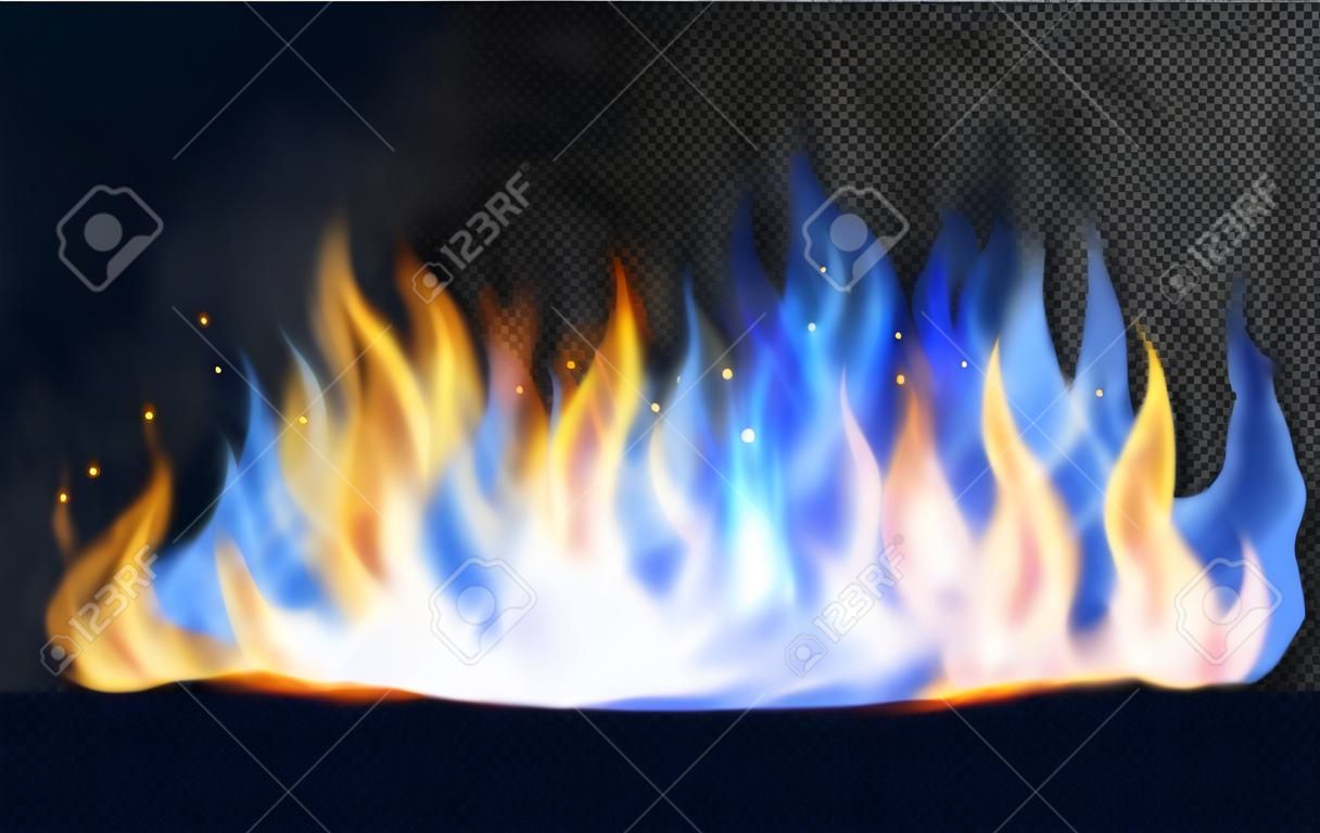 Yellow and blue fire flame, burning concept. Flare bonfire bright fiery banner, natural gas burning. Vector illustration.