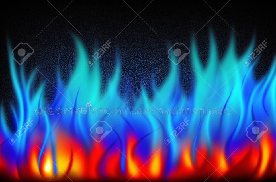Blue fire flame realistic background. Flare bonfire bright, natural gas burning. Vector illustration.