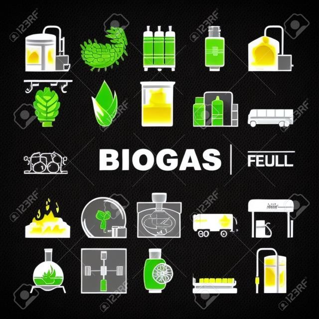 Biogas-Energie-Brennstoff-Sammlung Icons Set Vector. Biogas Tankstelle und Zylinder, Mais und Algen natürlicher Bestandteil von Gas, Methan und Wasserstoff Glyph Piktogramme schwarze Illustrationen