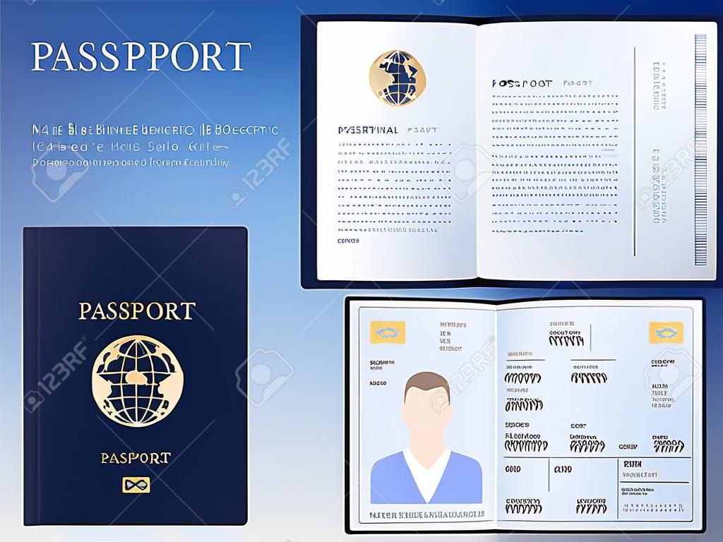 Broszura i szablon okładki międzynarodowego męskiego paszportu biometrycznego