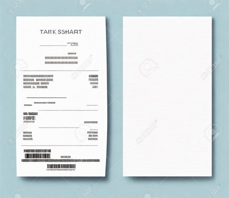 Modèle d'un reçu en papier blanc. Chèque en blanc d'un magasin, d'un supermarché ou d'un restaurant