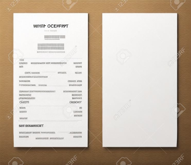 Plantilla de un recibo de papel blanco. Cheque en blanco de una tienda, supermercado o restaurante