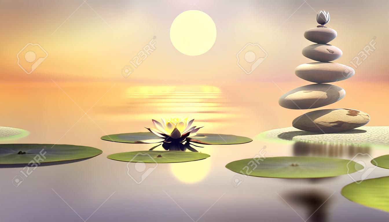 Lotus blüht die untergehende Sonne sieben Steine Reichtum und Glück. das konzept von meditation und spa. Yoga-Hintergrund. 3D-Darstellung