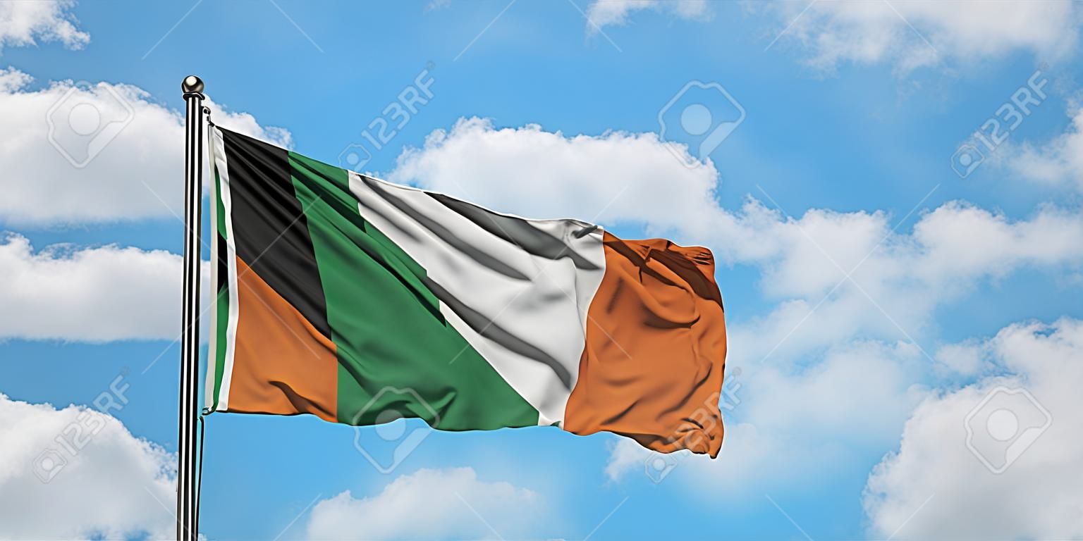 Bandera de Palestina e Irlanda ondeando en el viento contra el cielo azul nublado blanco juntos. Concepto de diplomacia, relaciones internacionales.
