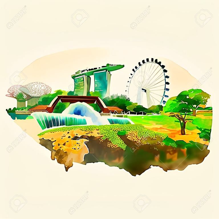 SINGAPORE ville haute résolution panoramique aquarelle illustration
