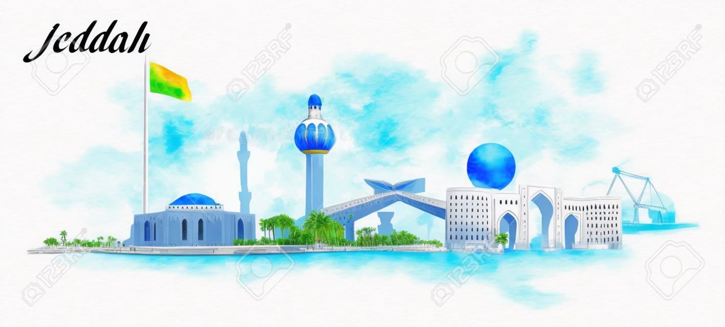 Jeddah City panoramiczny ilustracji wektorowych kolor wody