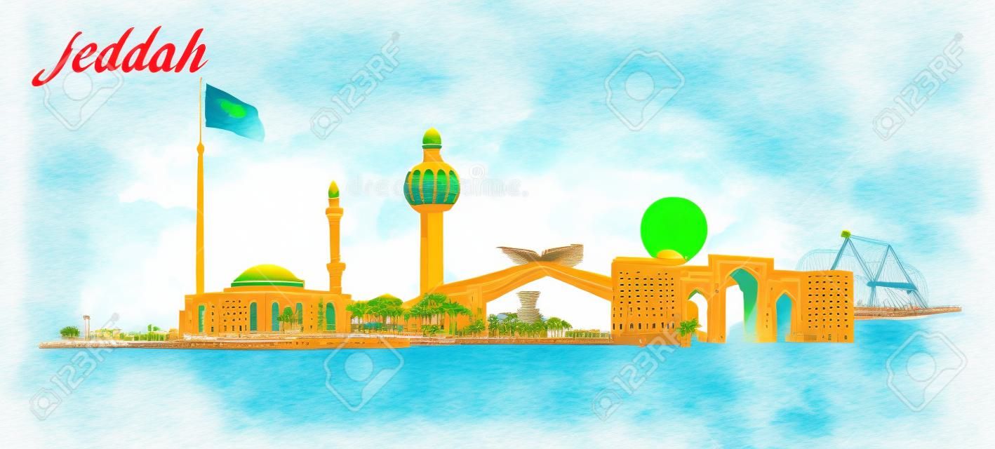 Jeddah City panoramiczny ilustracji wektorowych kolor wody