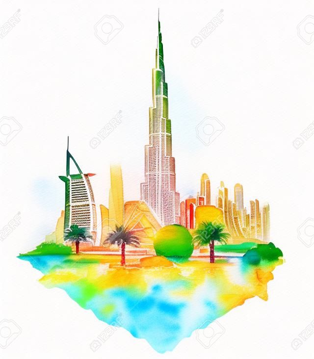 DUBAI város akvarell illusztráció
