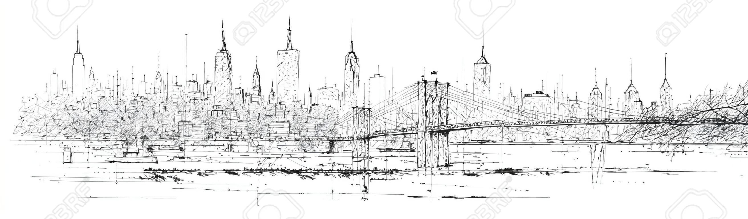 Vektor-Skizze Handzeichnung Panorama New York City Silhouette