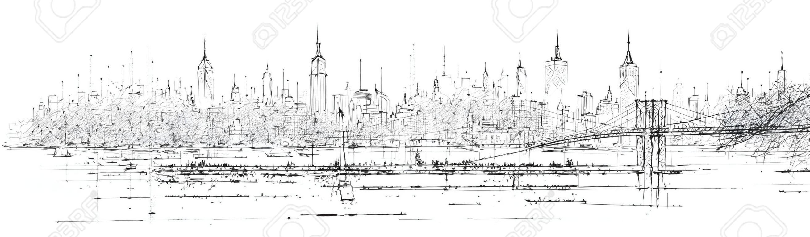 desenho de mão de esboço vetorial silhueta panorâmica da cidade de Nova York