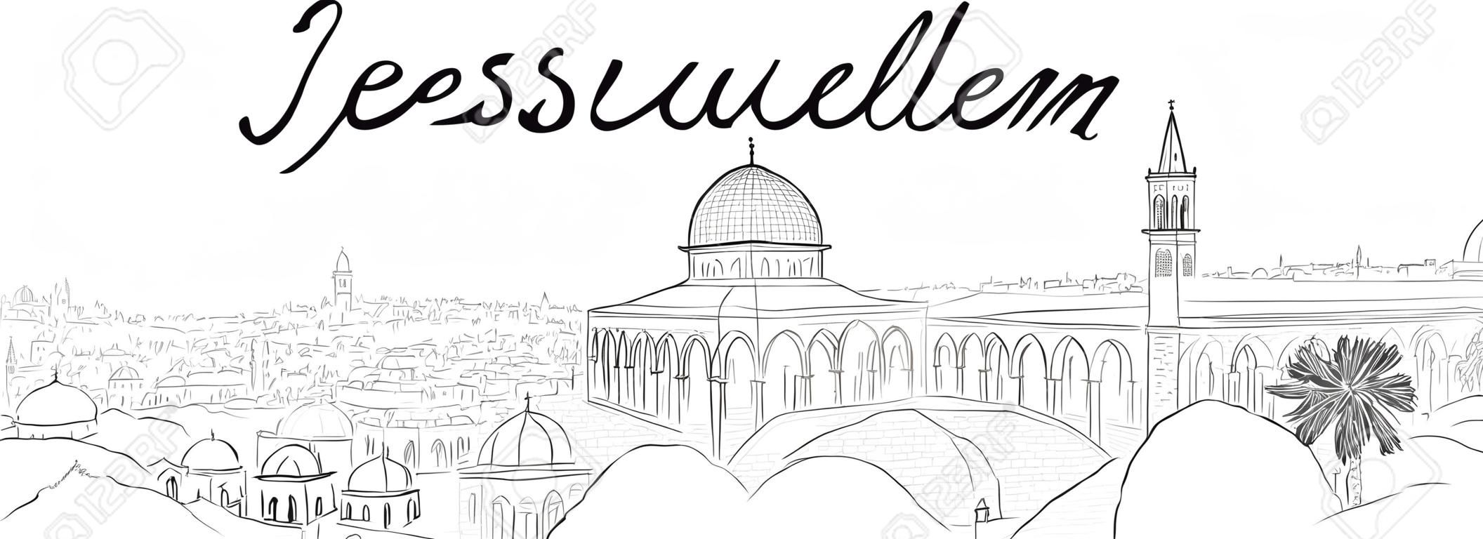 vector panoramic hand drawing sketch illustration of JERUSALEM city