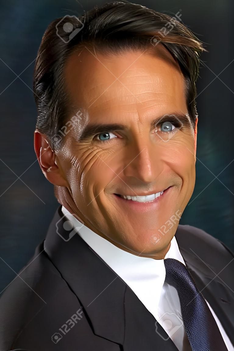 Headshot of middle aged businessman wearing a coat and tie smiling.
